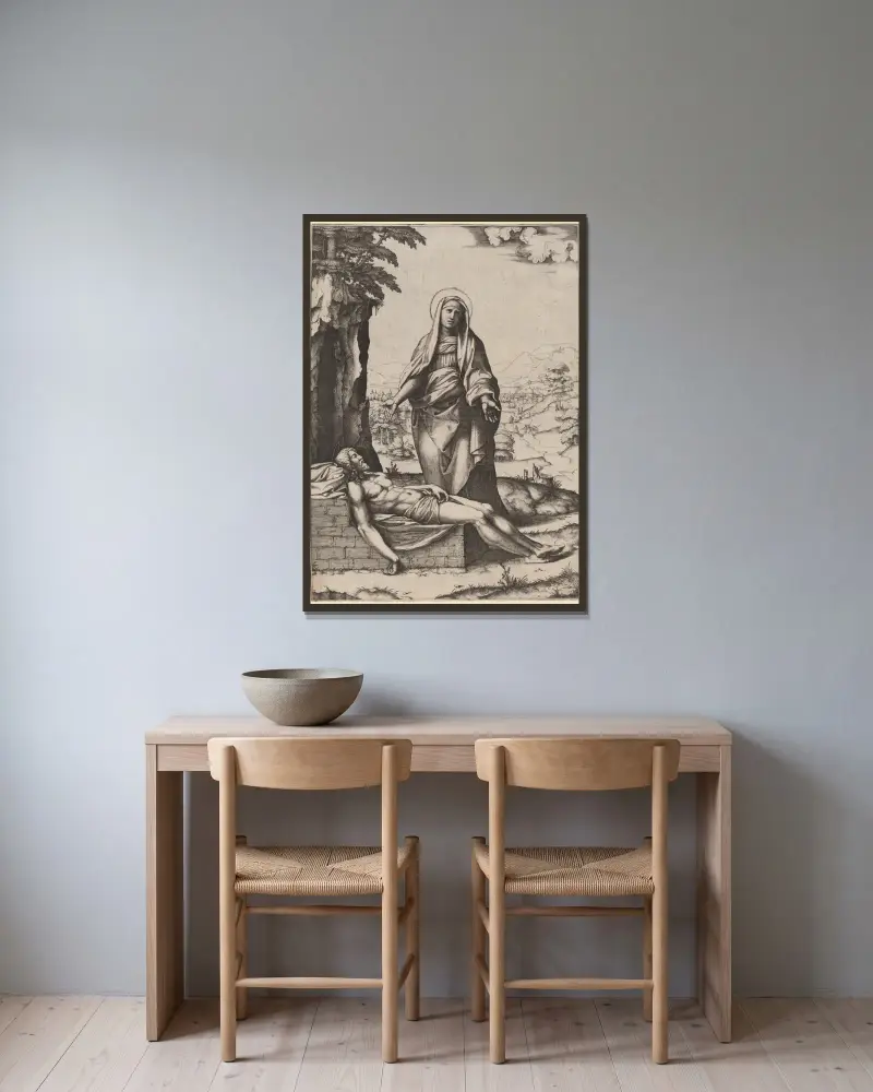 Jungfruns klagan, 1510 – nr 1 av Marcantonio Raimondi inramad på en vägg