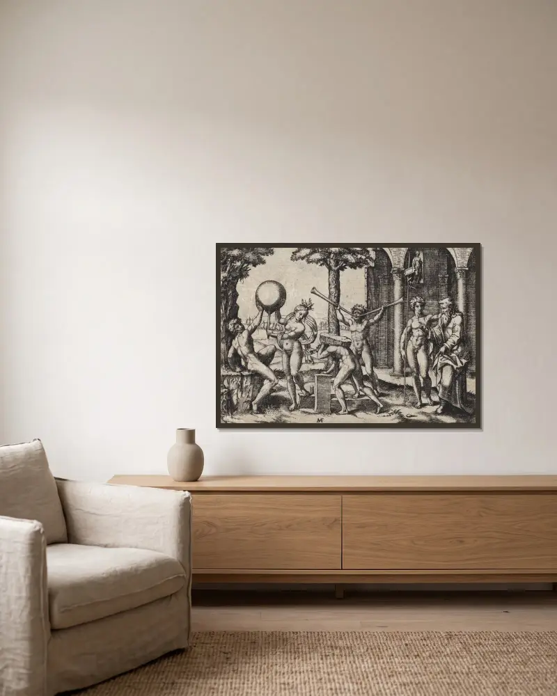 The Man with Two Trumpets, NGA 10133 av Marcantonio Raimondi inramad på en vägg