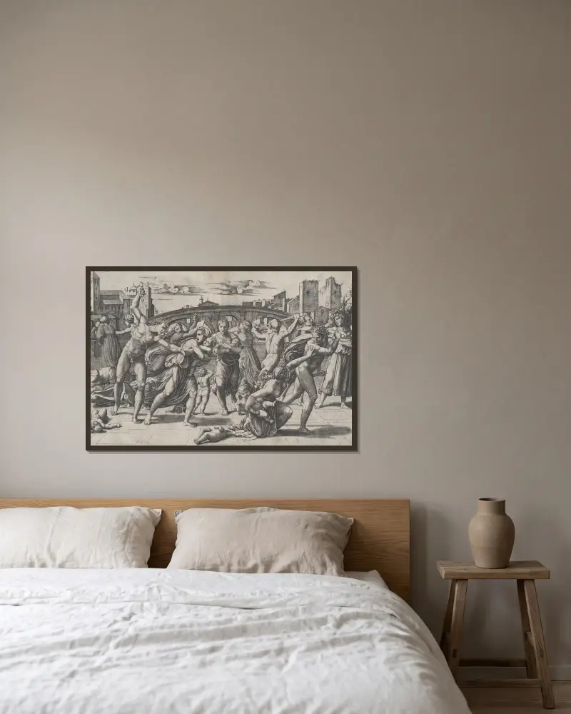 Der Bethlehemitische Kindermord von Marcantonio Raimondi gerahmt an einer Wand