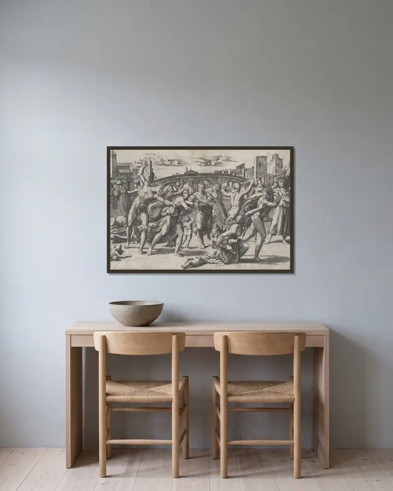 Der Bethlehemitische Kindermord von Marcantonio Raimondi gerahmt an einer Wand