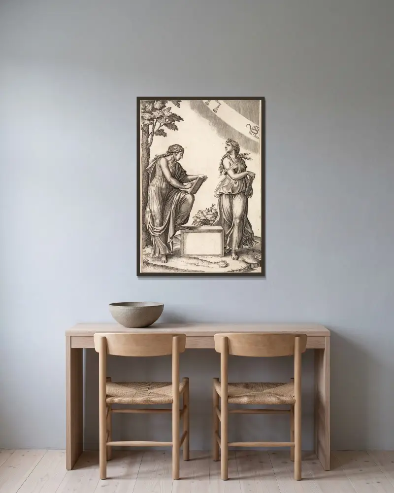 Två kvinnor med Vågens och Skorpionens tecken av Marcantonio Raimondi inramad på en vägg