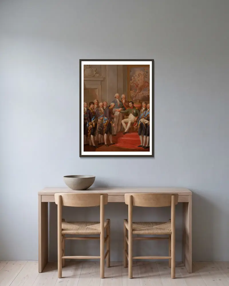 Die Verleihung der Verfassung des Herzogtums Warschau durch Napoleon von Marcello Bacciarelli gerahmt an einer Wand
