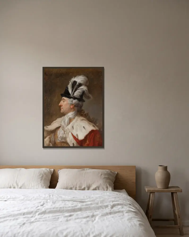 Porträtt av Polens kung Stanisław August i plymhatt av Marcello Bacciarelli inramad på en vägg