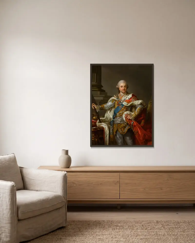 Porträtt av Stanislaus Augustus Poniatowski i kröningsdräkt av Marcello Bacciarelli inramad på en vägg