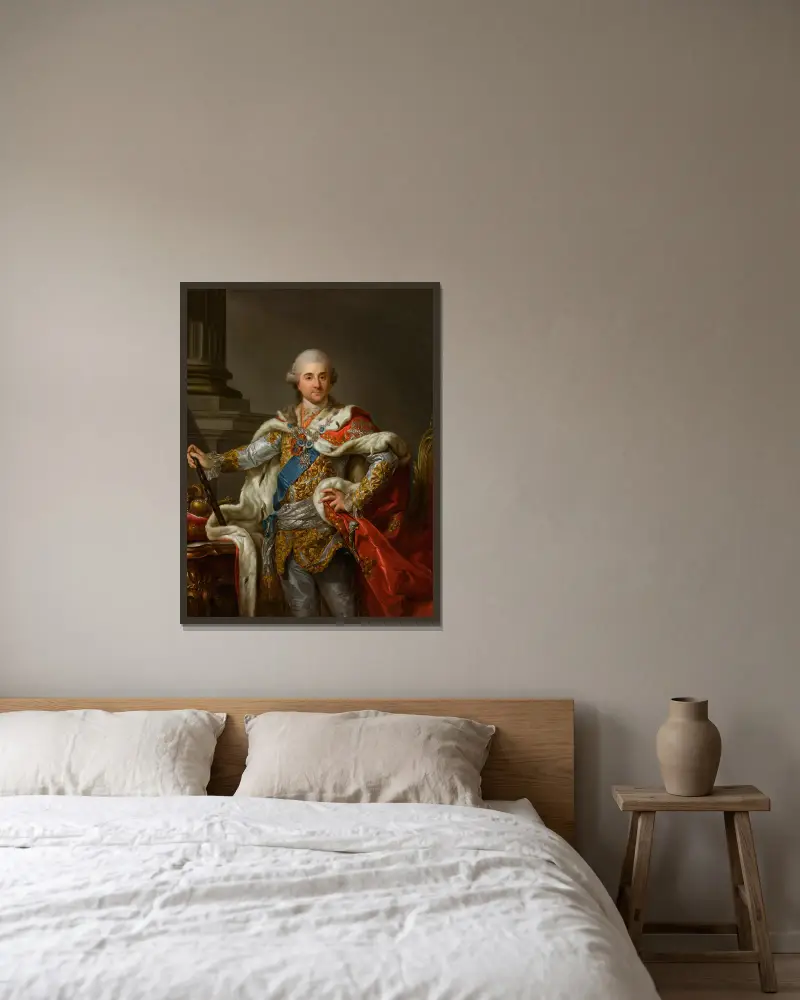 Porträtt av Stanislaus Augustus Poniatowski i kröningsdräkt av Marcello Bacciarelli inramad på en vägg