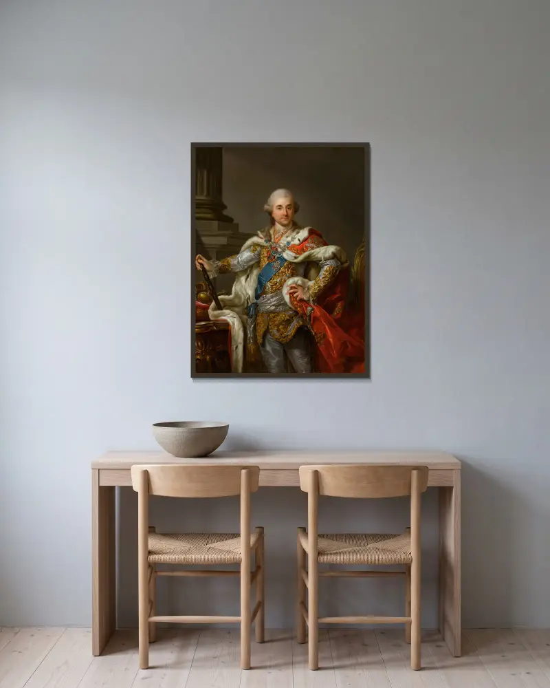 Porträtt av Stanislaus Augustus Poniatowski i kröningsdräkt av Marcello Bacciarelli inramad på en vägg