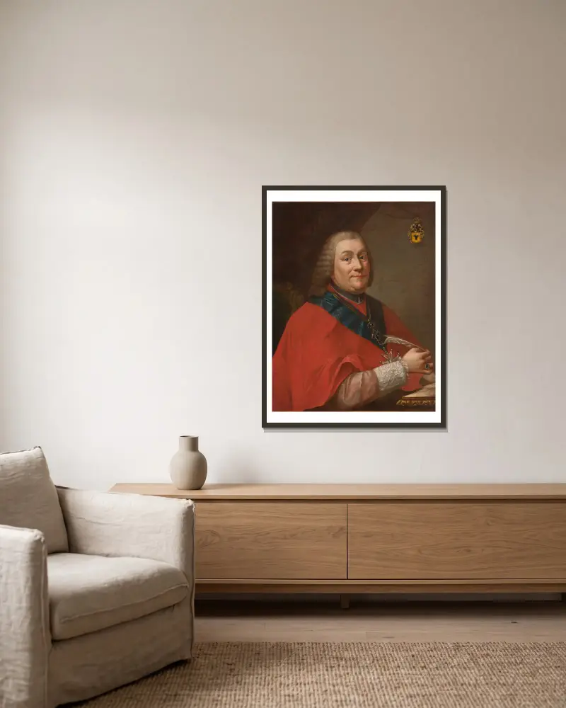 Porträtt av Władysław Łubieński (1703–1767), ärkebiskop av Gniezno och Polens primas av Marcello Bacciarelli inramad på en vägg