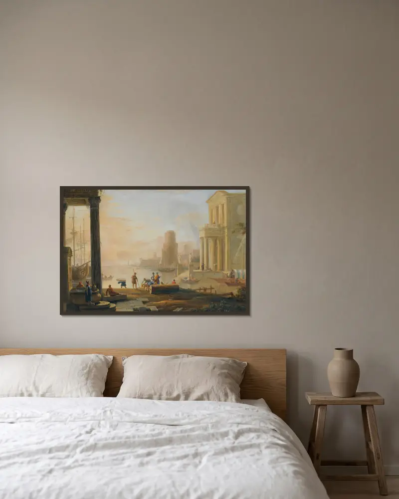Capriccio einer klassischen Hafenstadt bei Sonnenuntergang von Marco Ricci gerahmt an einer Wand