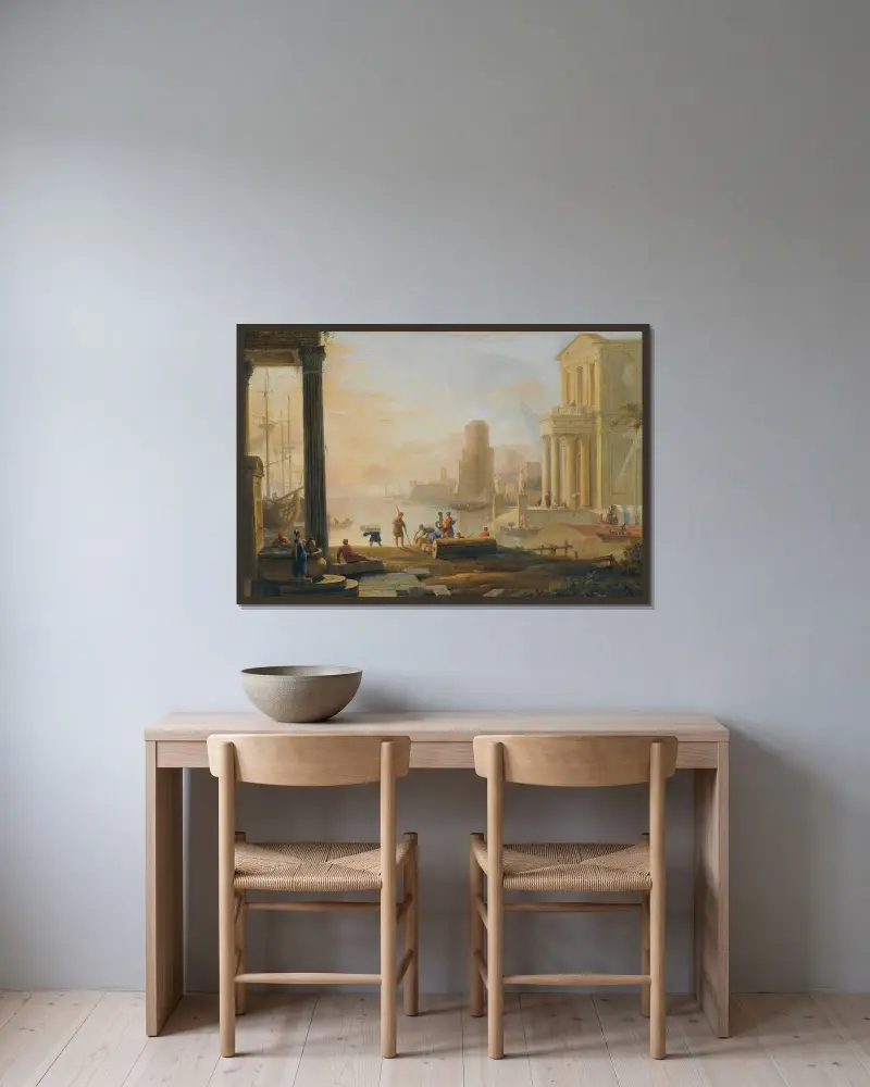 Capriccio einer klassischen Hafenstadt bei Sonnenuntergang von Marco Ricci gerahmt an einer Wand