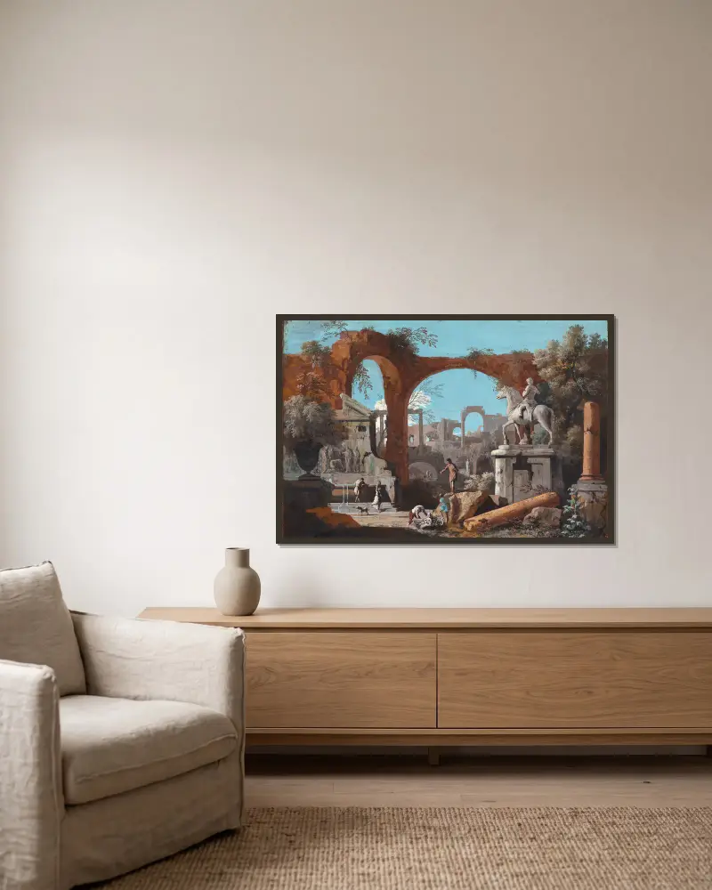 A Capriccio of Roman Ruins av Marco Ricci inramad på en vägg