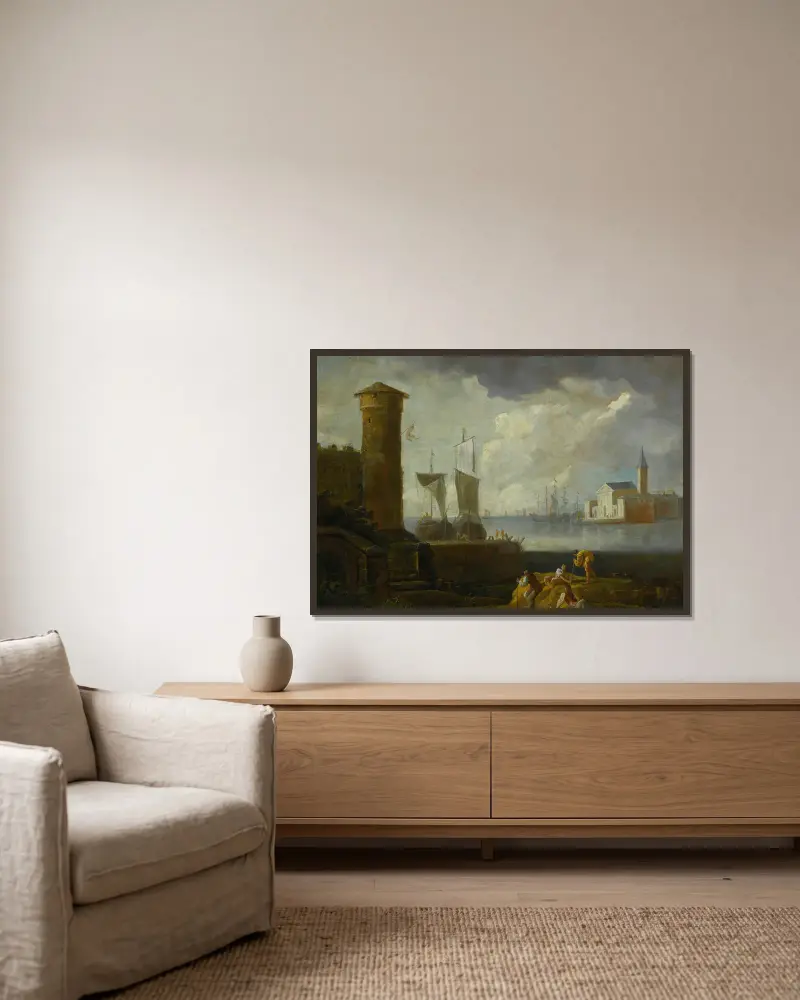 Ett capriccio över San Giorgio Maggiore, Venedig av Marco Ricci inramad på en vägg