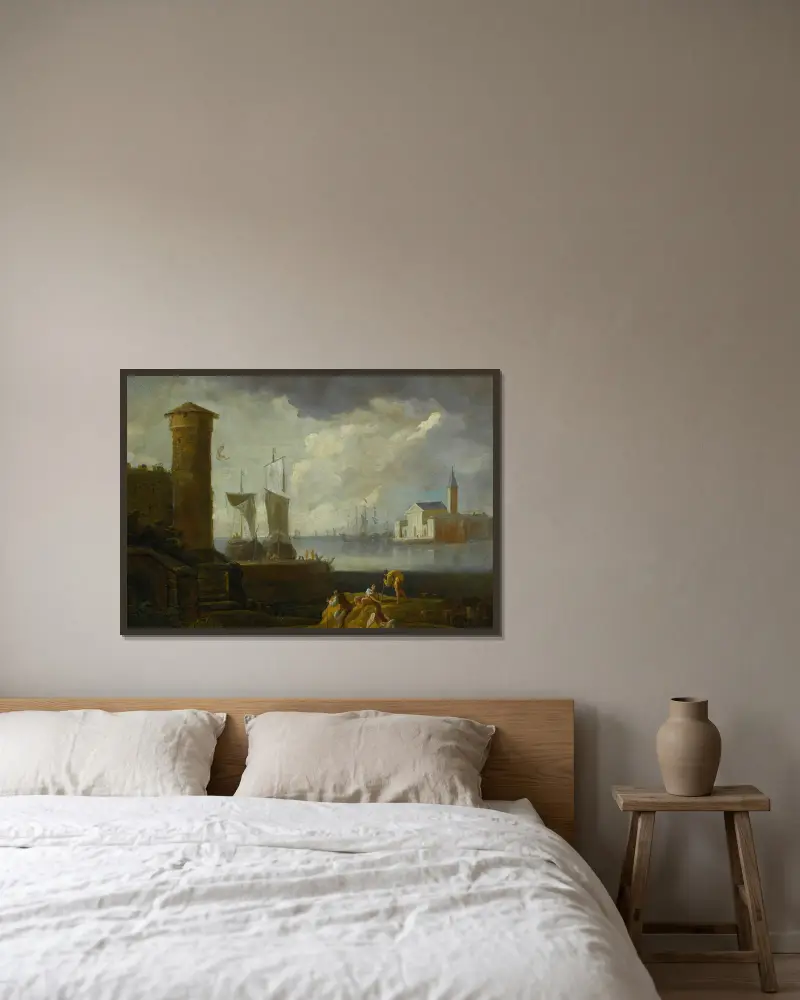 Ett capriccio över San Giorgio Maggiore, Venedig av Marco Ricci inramad på en vägg