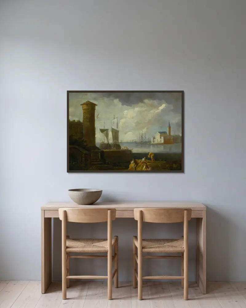 Ett capriccio över San Giorgio Maggiore, Venedig av Marco Ricci inramad på en vägg