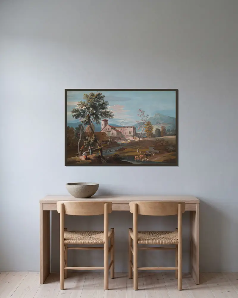 En man och en kvinna vid en bäck med en bondgård i bakgrunden av Marco Ricci inramad på en vägg