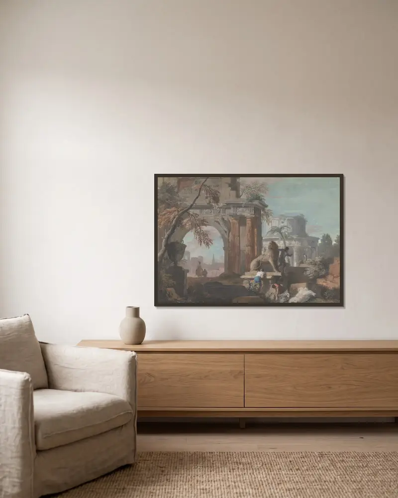 Capriccio med romerska ruiner av Marco Ricci inramad på en vägg
