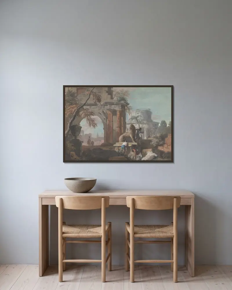 Capriccio med romerska ruiner av Marco Ricci inramad på en vägg