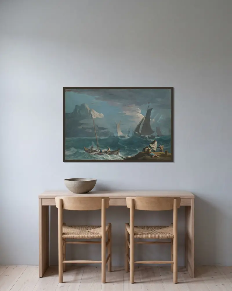 Fishing Boats in a Storm av Marco Ricci inramad på en vägg