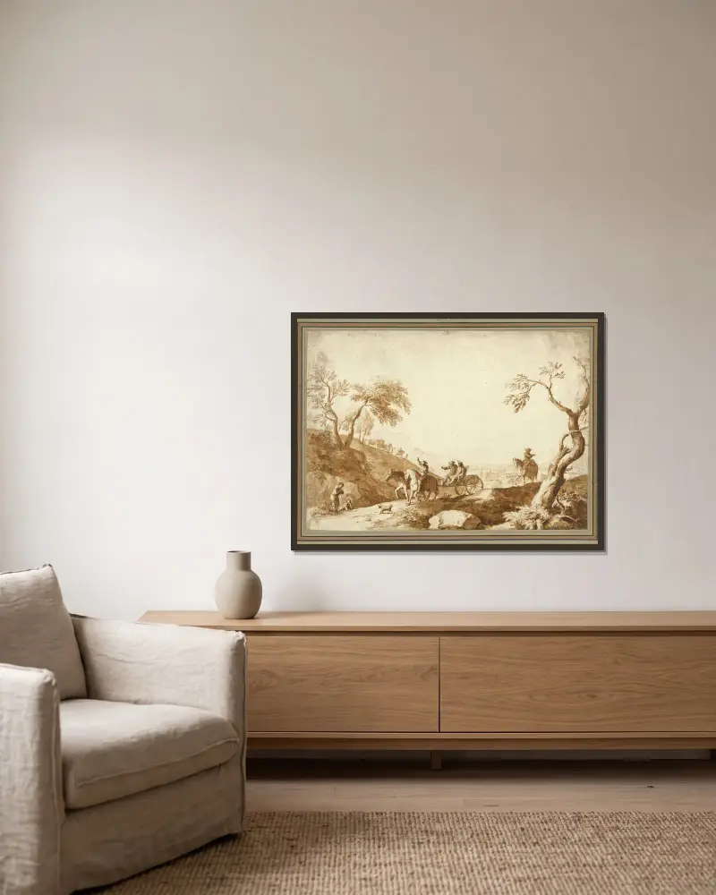 Landscape with Travellers, Two Riding in a Carriage Driven by a Postilion and a Third on Horseback behind av Marco Ricci inramad på en vägg