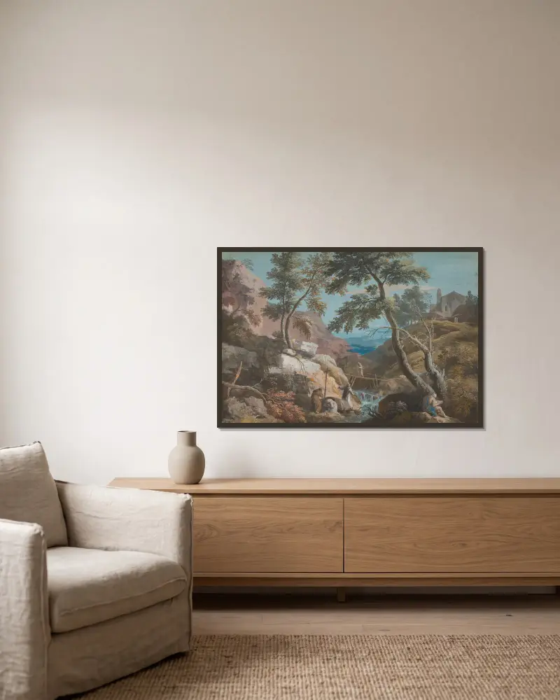 Berglandschaft mit Eremiten von Marco Ricci gerahmt an einer Wand