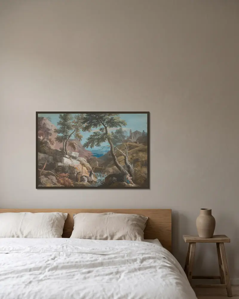 Berglandschaft mit Eremiten von Marco Ricci gerahmt an einer Wand