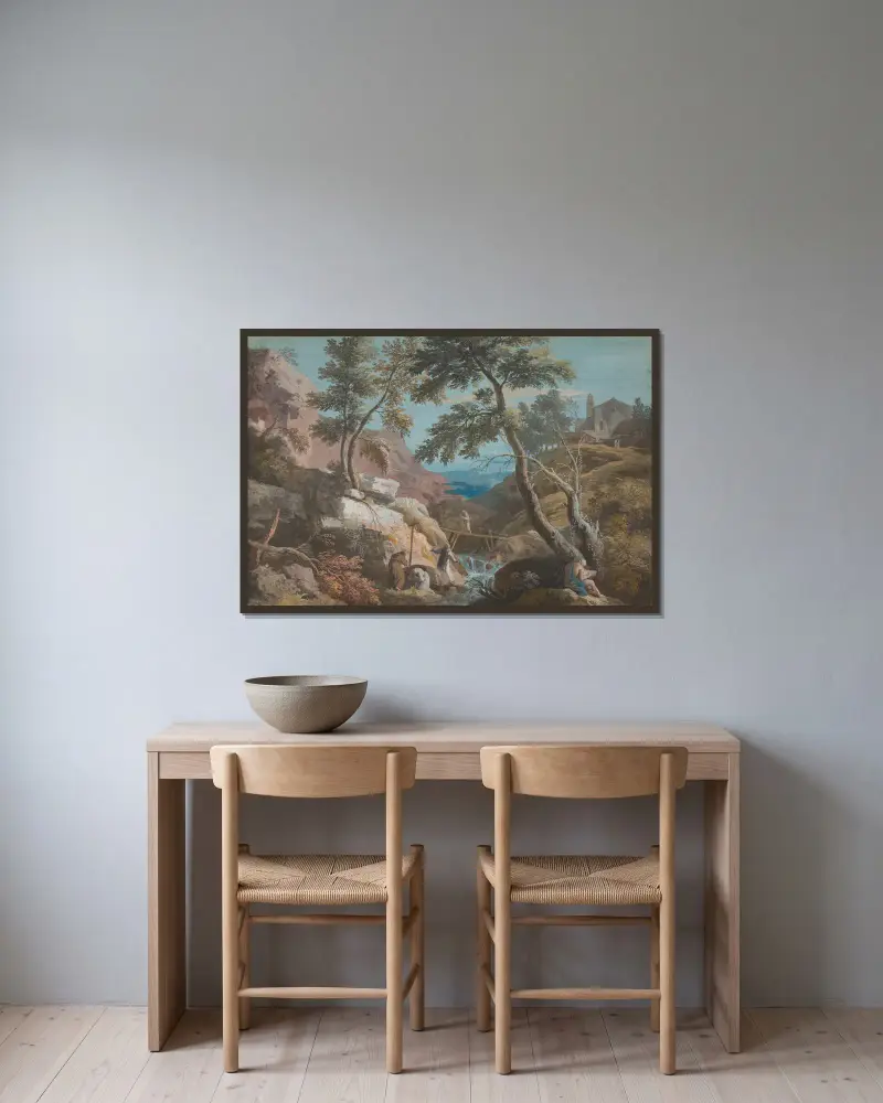 Berglandschaft mit Eremiten von Marco Ricci gerahmt an einer Wand