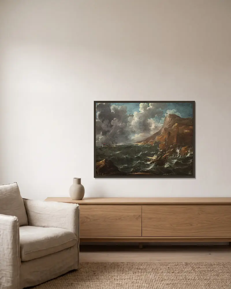 Ships in a Gale av Marco Ricci inramad på en vägg