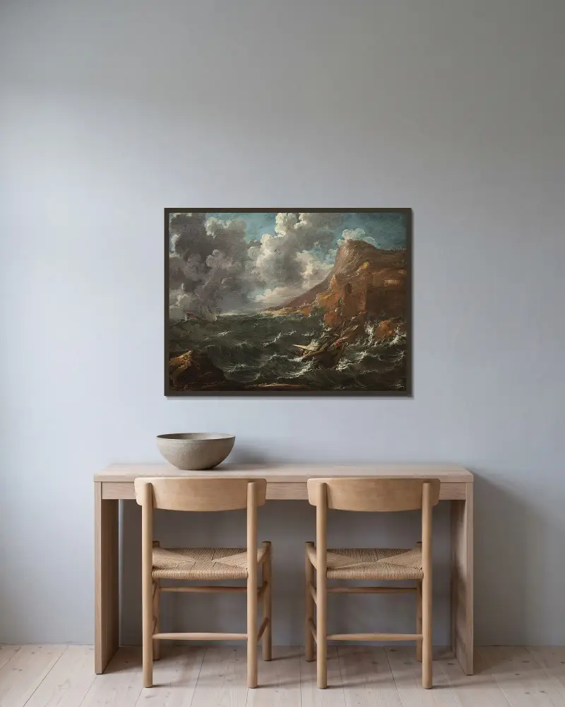 Ships in a Gale av Marco Ricci inramad på en vägg