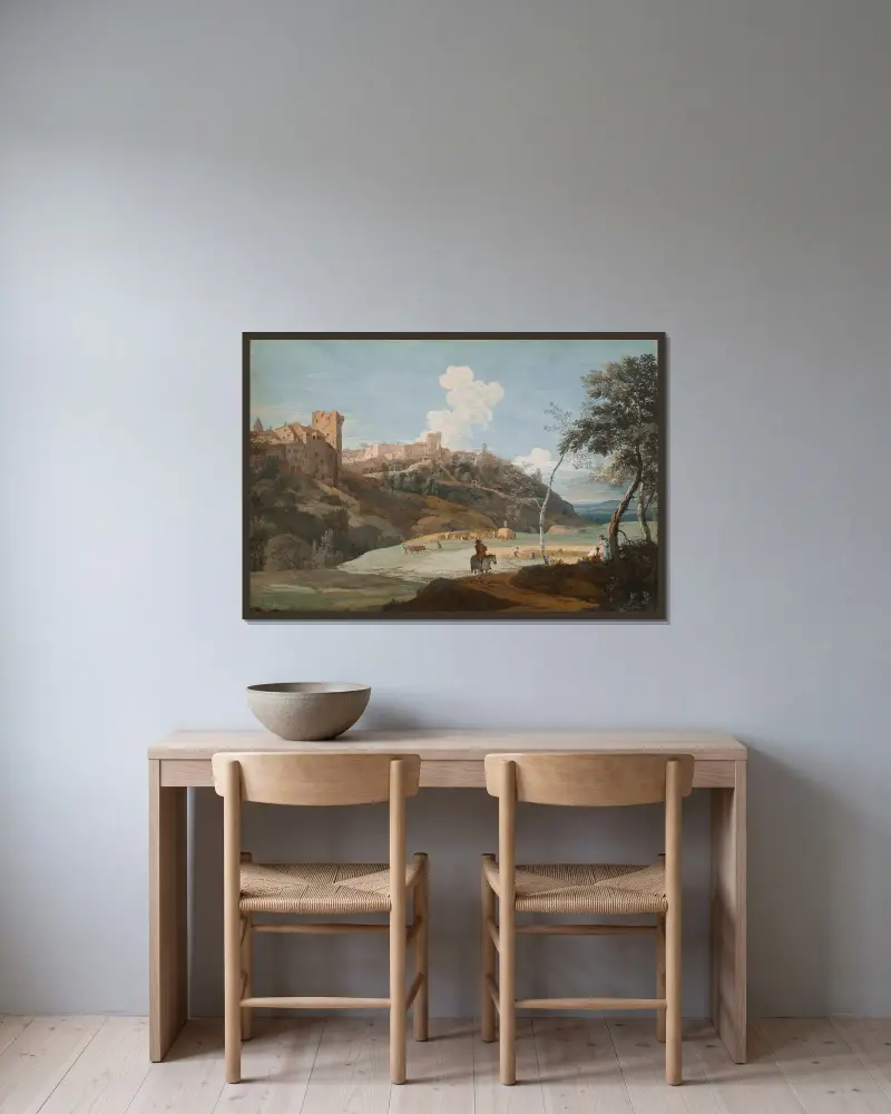 Vy över en italiensk bergsstad med ryttare och arbetande bönder av Marco Ricci inramad på en vägg