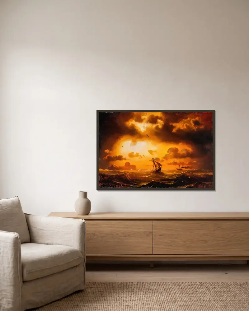 Sonnenuntergang auf dem Meer von Marcus Larson gerahmt an einer Wand
