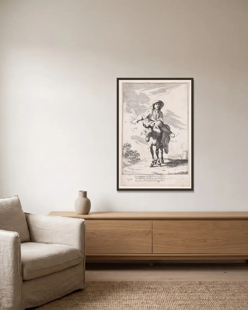 Tafel 1; Bertoldo reitet auf einem Esel von Giuseppe Maria Crespi gerahmt an einer Wand