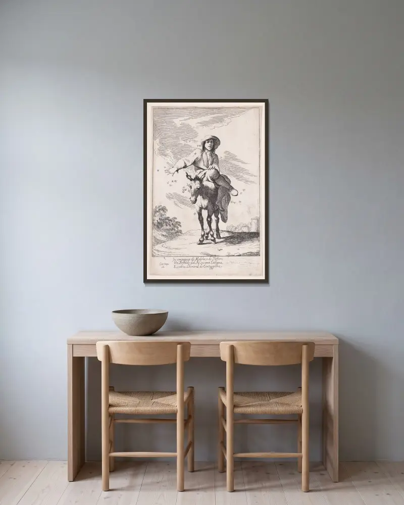 Tafel 1; Bertoldo reitet auf einem Esel von Giuseppe Maria Crespi gerahmt an einer Wand