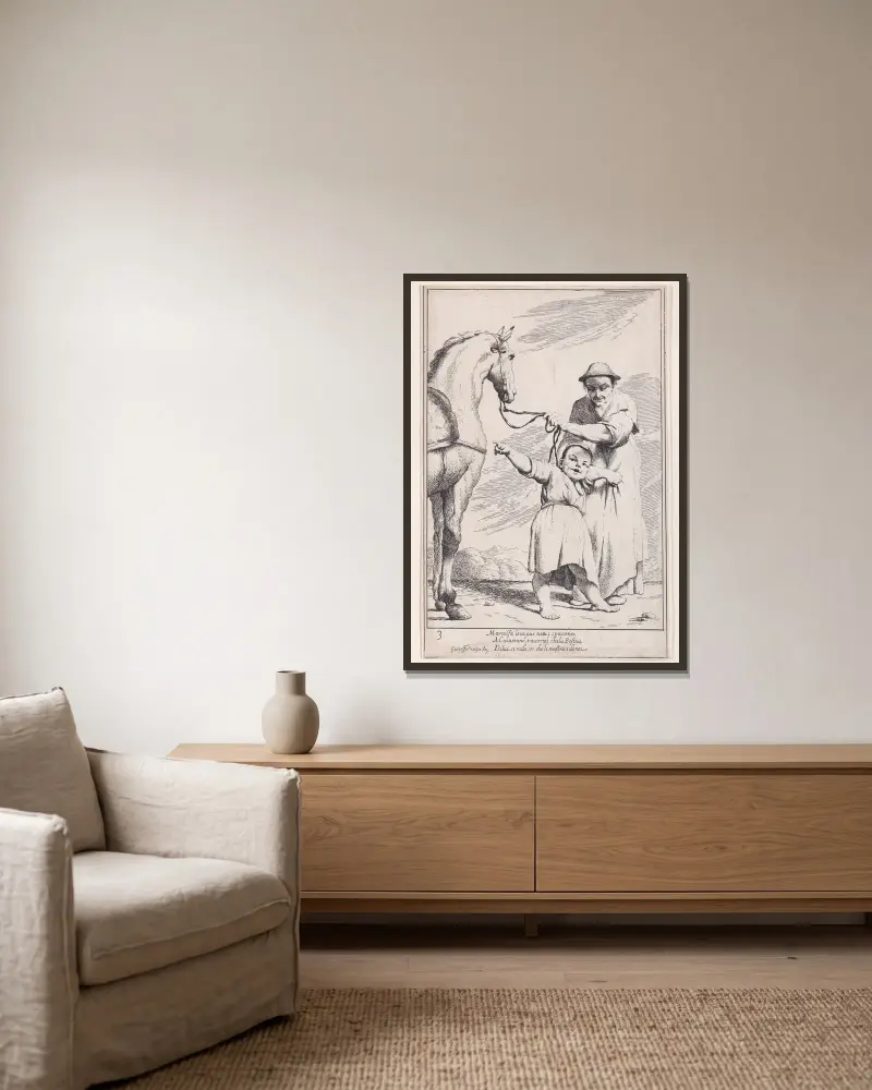 Tafel 17; Marcolfa zeigt Cacasenno ein Pferd von Giuseppe Maria Crespi gerahmt an einer Wand