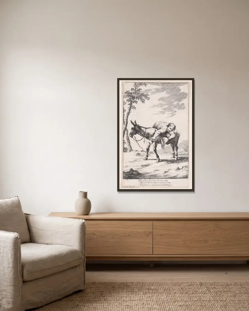 Plate 7; Bertoldino lying on a donkey av Giuseppe Maria Crespi inramad på en vägg