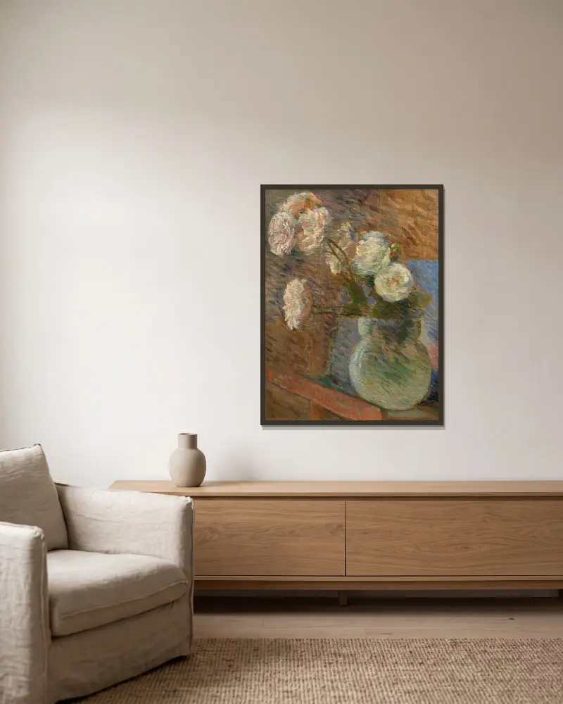 Strauß mit weißen Rosen von Marie Bracquemond gerahmt an einer Wand