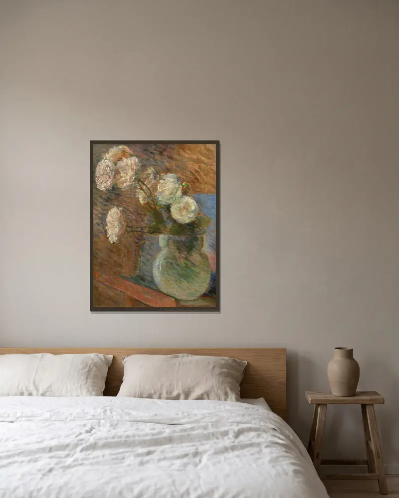 Strauß mit weißen Rosen von Marie Bracquemond gerahmt an einer Wand