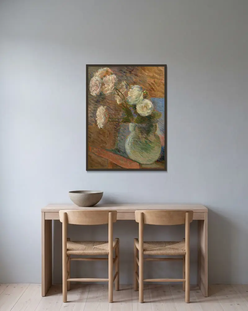 Strauß mit weißen Rosen von Marie Bracquemond gerahmt an einer Wand