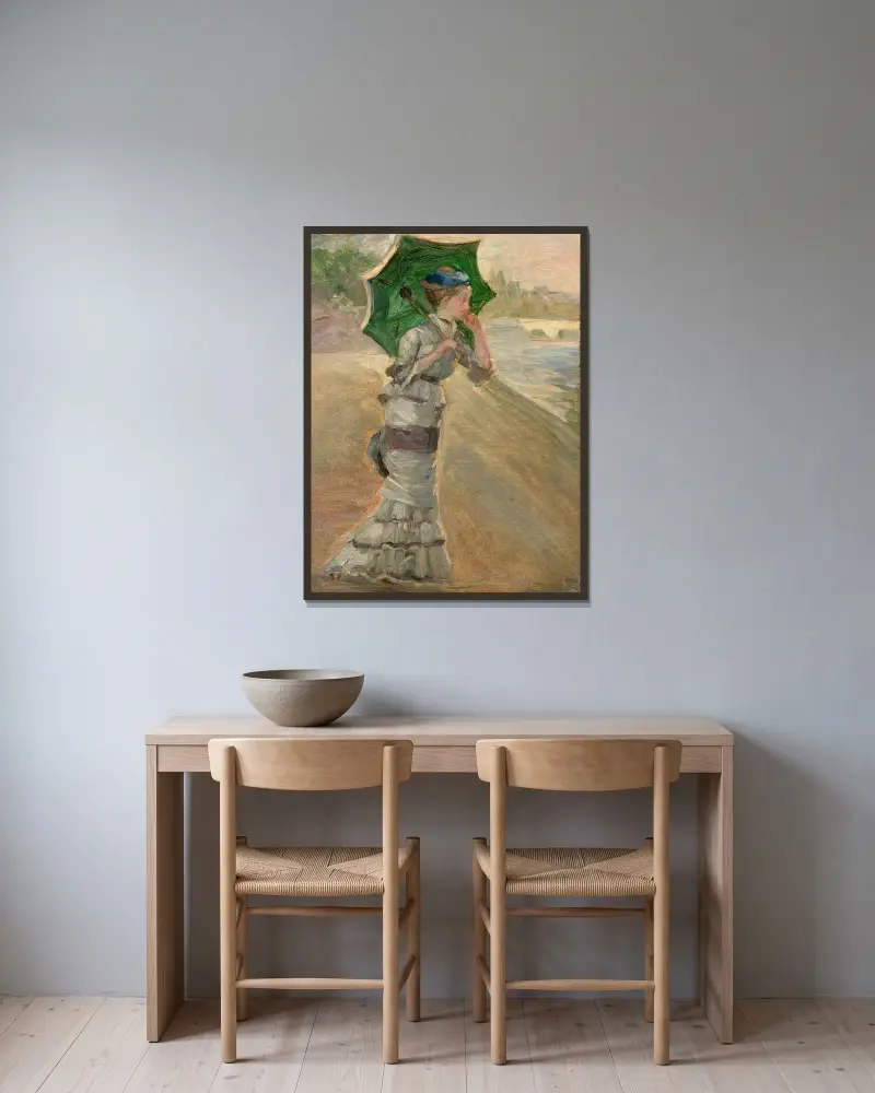 Studie av en elegant kvinna med parasoll för 'En bateau (Sisley et sa femme)' av Marie Bracquemond inramad på en vägg