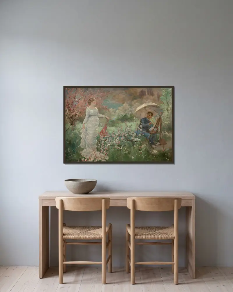 Målaren och hans modell i en trädgård av Marie Bracquemond inramad på en vägg