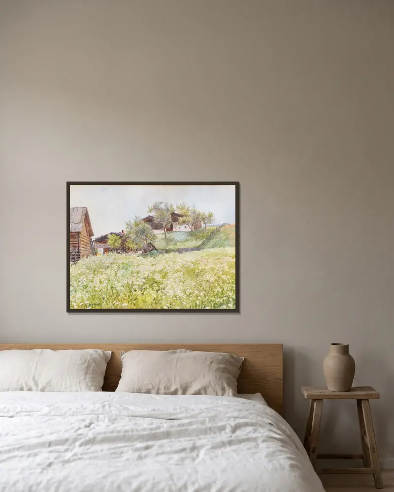 Bauernhäuser, ein weiß blühendes Feld davor von Marie Egner gerahmt an einer Wand