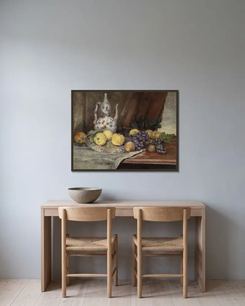 Zátiší s ovocem a konvicí, Marie Egner v rámu na stěně