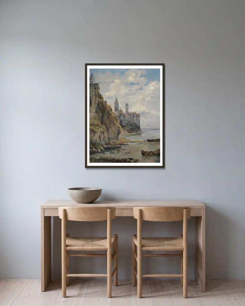 Motiv från ön Rab av Marie Egner inramad på en vägg