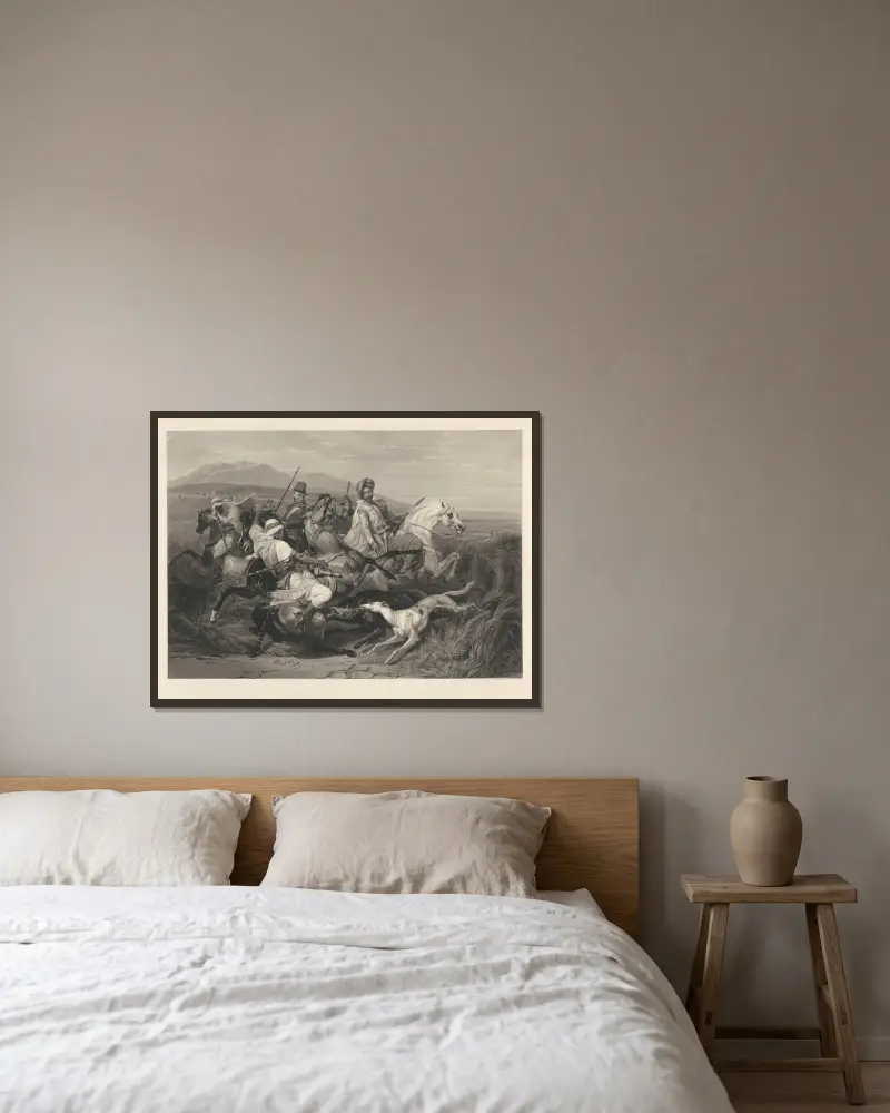 Chasse au sanglier (after Horace Vernet) av Jean-Pierre-Marie Jazet inramad på en vägg