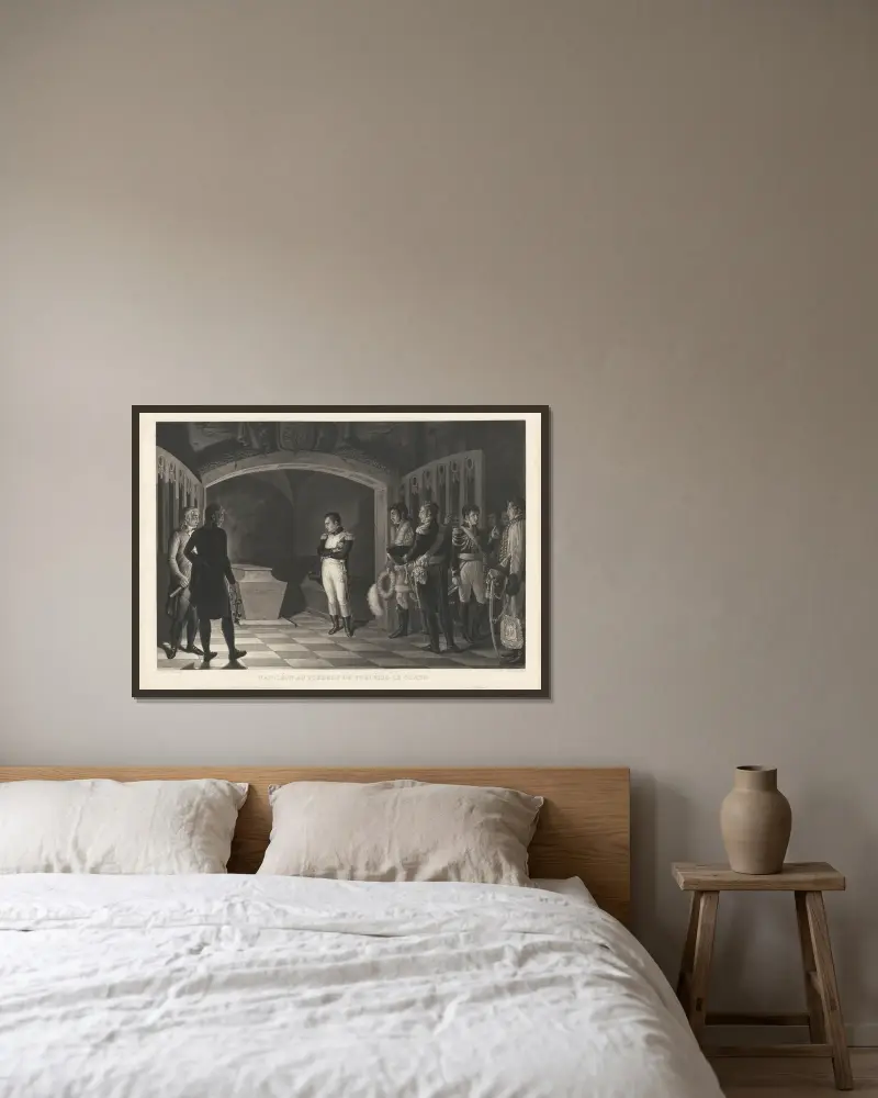 Napoleon vid Fredrik den stores grav (efter Marie-Nicolas Ponce-Camus) av Jean-Pierre-Marie Jazet inramad på en vägg
