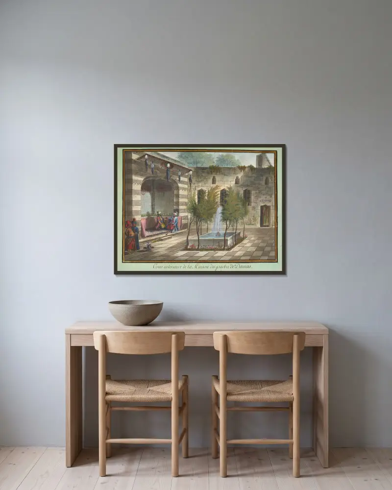 Inre gård i paschans hus i Damaskus av François-Marie Rosset inramad på en vägg