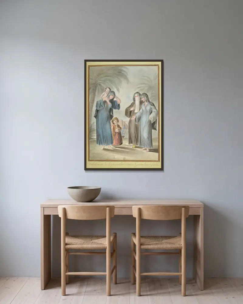 Kleidung der Ägypterinnen, ihre Art, ihre Kinder zu tragen von François-Marie Rosset gerahmt an einer Wand