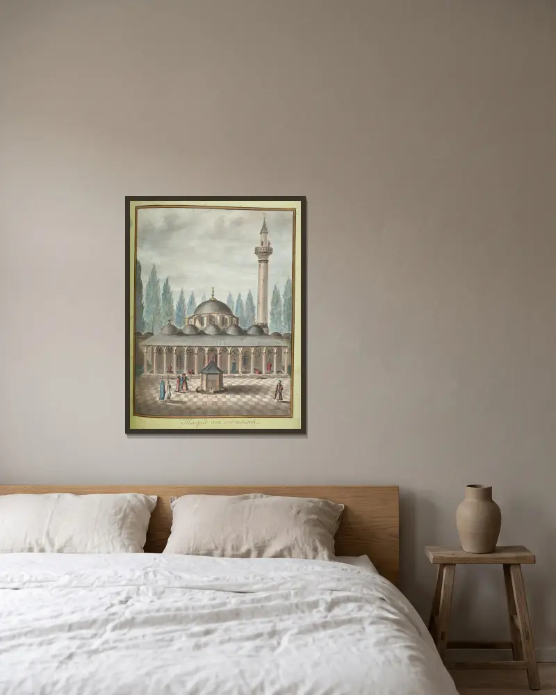 Mosquée avec son minaret av François-Marie Rosset inramad på en vägg