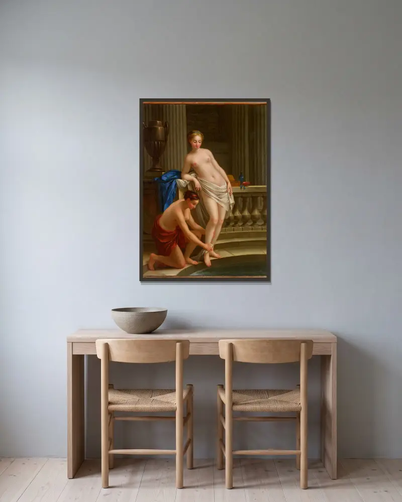 Callisto, Dianas nymf, stiger ur badet av Joseph-Marie Vien inramad på en vägg