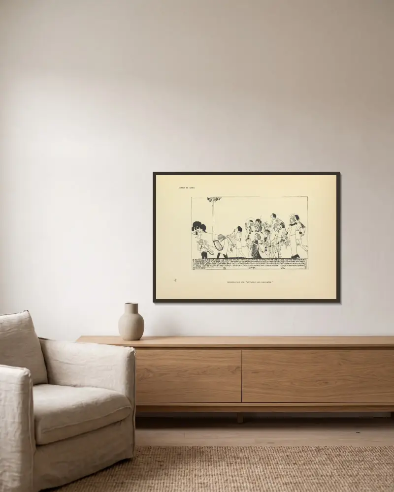 Illustration for Aucassin and Nicolette av Jessie Marion King inramad på en vägg