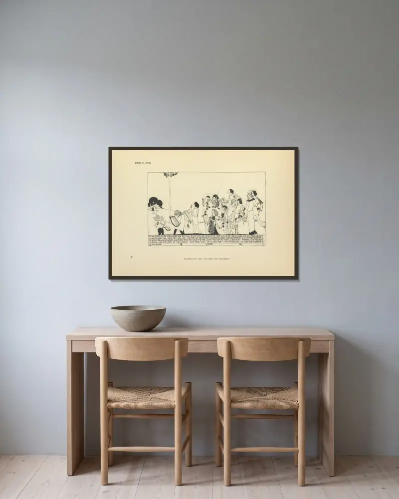 Illustration for Aucassin and Nicolette av Jessie Marion King inramad på en vägg