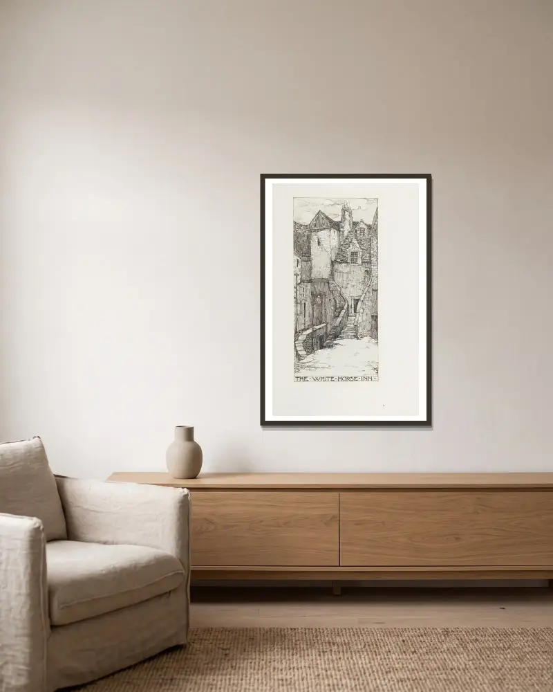 Der weiße Pferdehof von Jessie Marion King gerahmt an einer Wand
